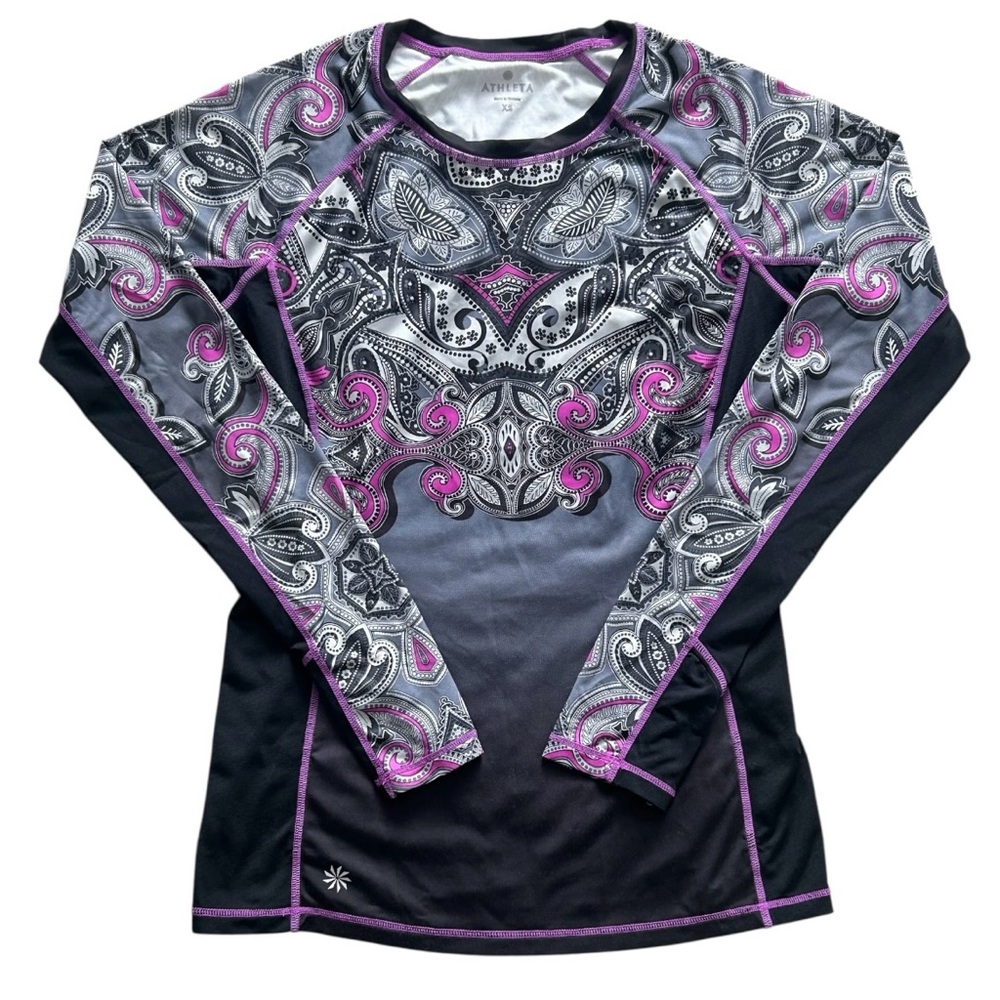 Athleta Runaway XS Long Sleeve Paisley‎ Print Athletic Top Black Purple Workout